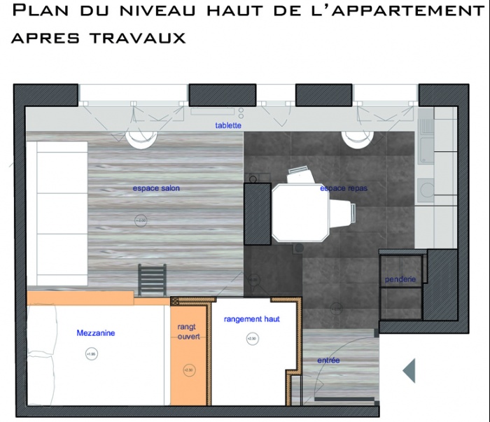 Restructuration complte d'un petit appartement : plan du niveau haut aprs travaux